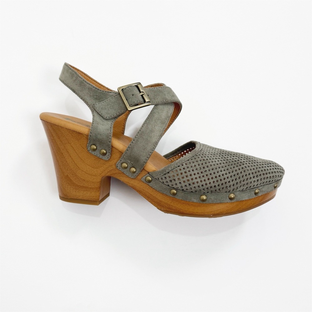 Kork Ease Shoes Korks Clogs Womens 10 Green Perforated Studs Strappy Closed Toe